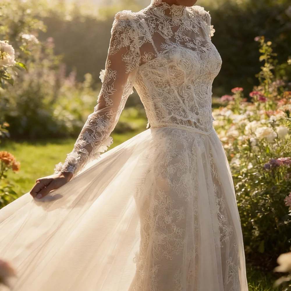

Exquisite High Collar Lace Full Sleeve Pleat Slim Bride Wedding Dresses Bridal Gowns Customzied