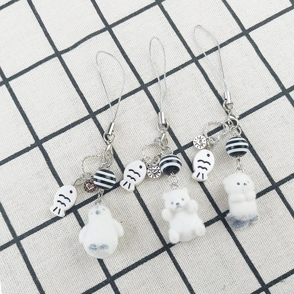 Cute Sea Otter Mobile Phone Straps Cartoon Animal Earphone Case Lanyard Keychain Bag Decor Phone Chain Flocking Gifts For Girl