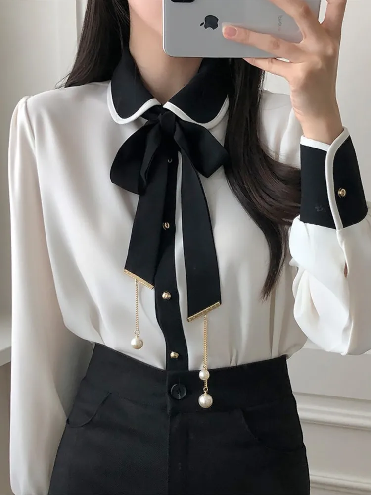 Summer Long Sleeve Sweet Shirt Women Blouse Ruffles Cute Bow Tie Ladies Tops Blouses Vintage Japan Korea Chic Roupa Feminina