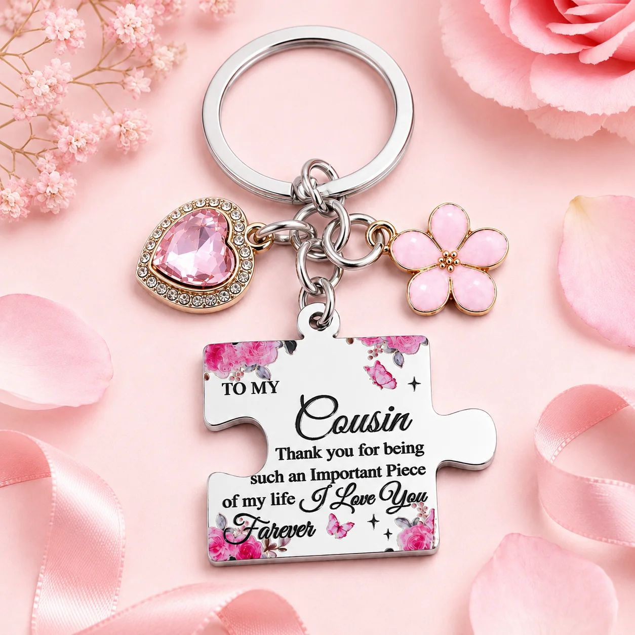 Puzzle Piece Keychain for Cousin, Pink Heart and Flower Bag Charm, Birthday Gift for Female Cousin, Christmas Gift