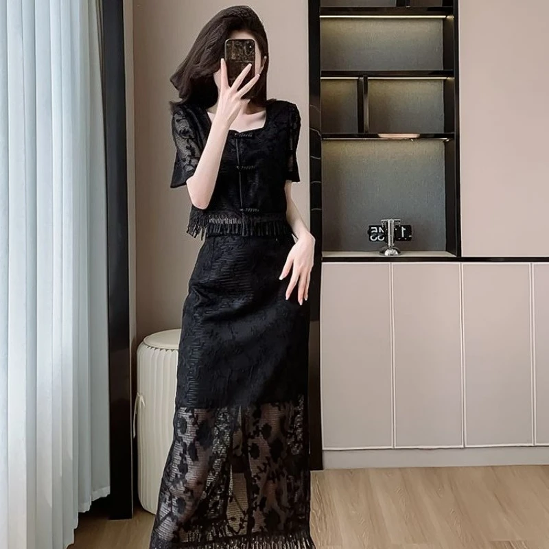 

2026 Summer New Arrival Women Two Piece Dress Mandarin Collar Embroidery Tassel Detail