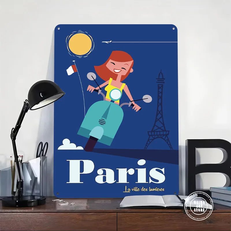 Paris Travel With Scooter 3D Printed Texture Poster Personalized Wall Art Retro Metal Tin Signs for Office Decor Room Wand Deko
