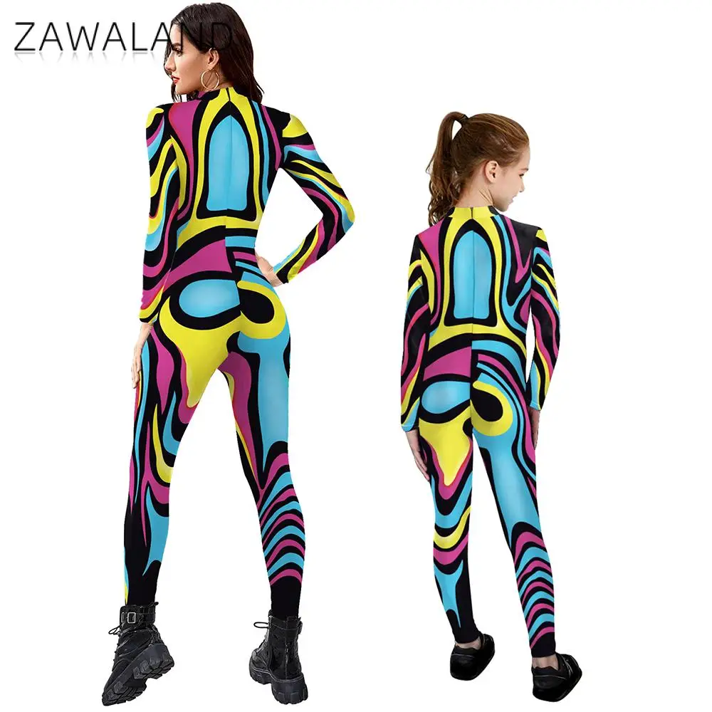 ZAWALAND 일치하는 의상 3D 인쇄 된 Purim 코스프레 의상 부모-자식 긴 소매 섹시한 바디 슈트 Zentai Muscle Suit