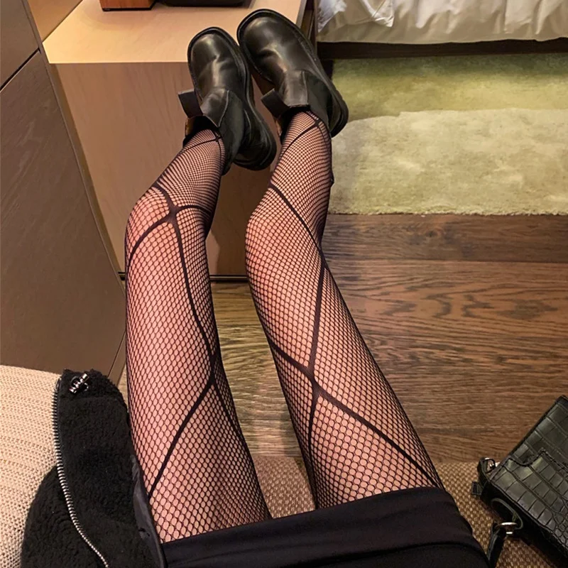 Sexy Black Net Stockings Women's Spring Autumn Tight Fit Outerwear Elastic Thin Meat See through Footless Pantyhose