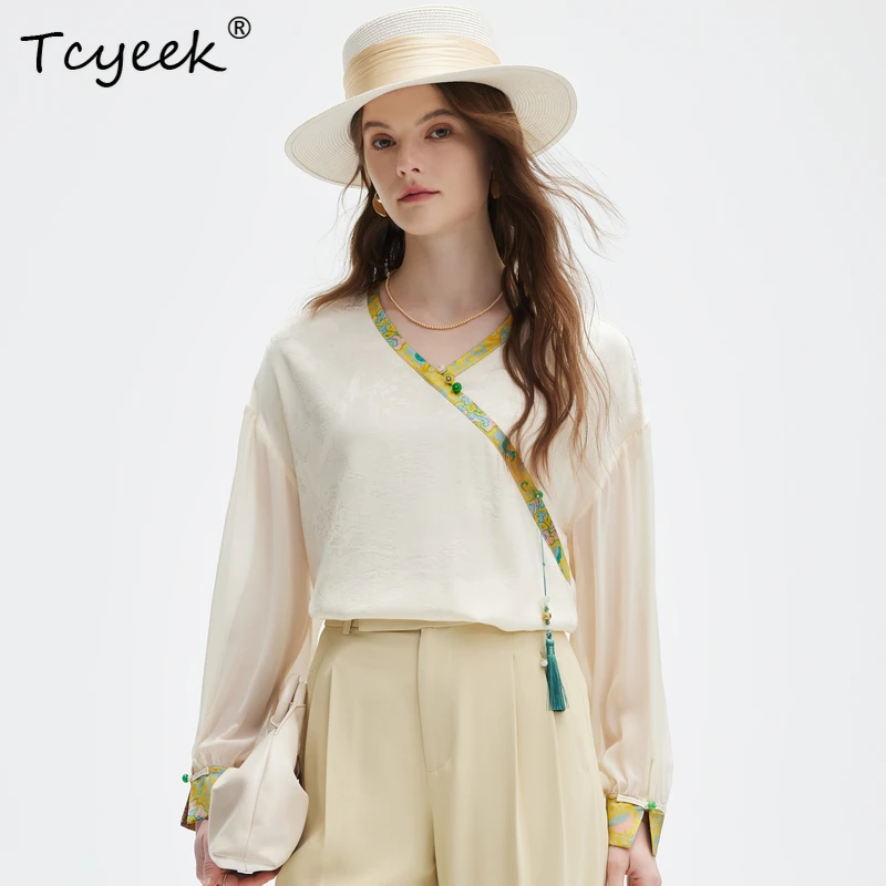 

Tcyeek, 19MM 94.1%Natural Silk Elegant T-Shirt, Women V-Neck Long Sleeve, Fashion Chinese OL Top, 2024 Summer Fall T48409QM