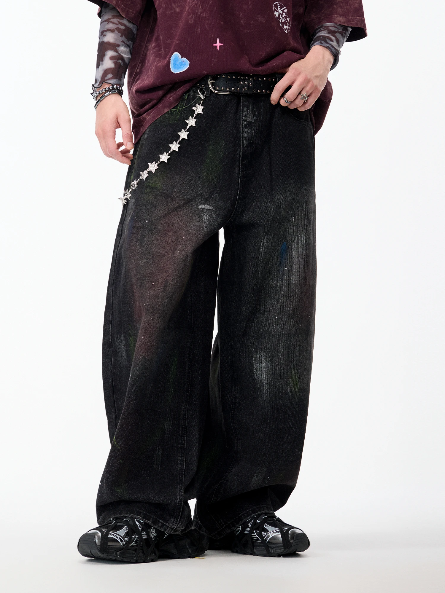 LAMLICKA Calças Jeans Americanas Estilo Streetwear Pretas de Perna Larga com Efeito Desgastado Vintage para Homens e Mulheres...