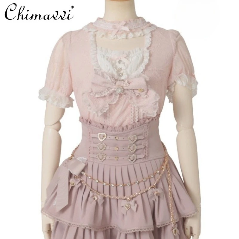 

Japanese Sweet Lace Short Sleeve Large Bow Hollow Out Shirt Summer New Fashion Slim Fit Elegant Princess Lolita Women's Shirt