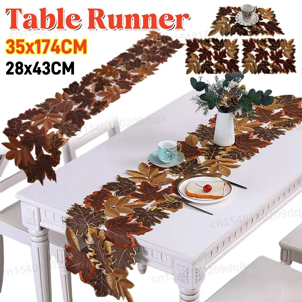 

1/4pcs Autumn Maple Leaf Embroidered Table Runner Table Mat Flocked Brown Maple Design Rustic Farmhouse Thanksgiving Harves