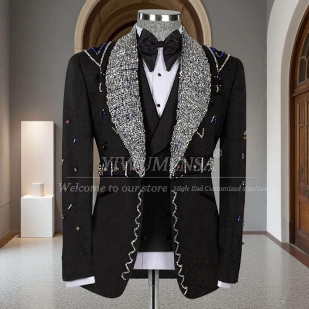 

Sequins Lapel Wedding Suits For Men Skinny Luxury Prom Party Dress Crystals Beaded Blazer Vest Pants 3 Pieces Groom Tuxedos 2025