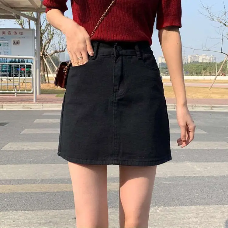 

High Waist Large Size Denim Skirt Women Spring Loose Allmat Cleanfit Sle mid Waist PVC Fabric A-Line Skirt Ciwalk