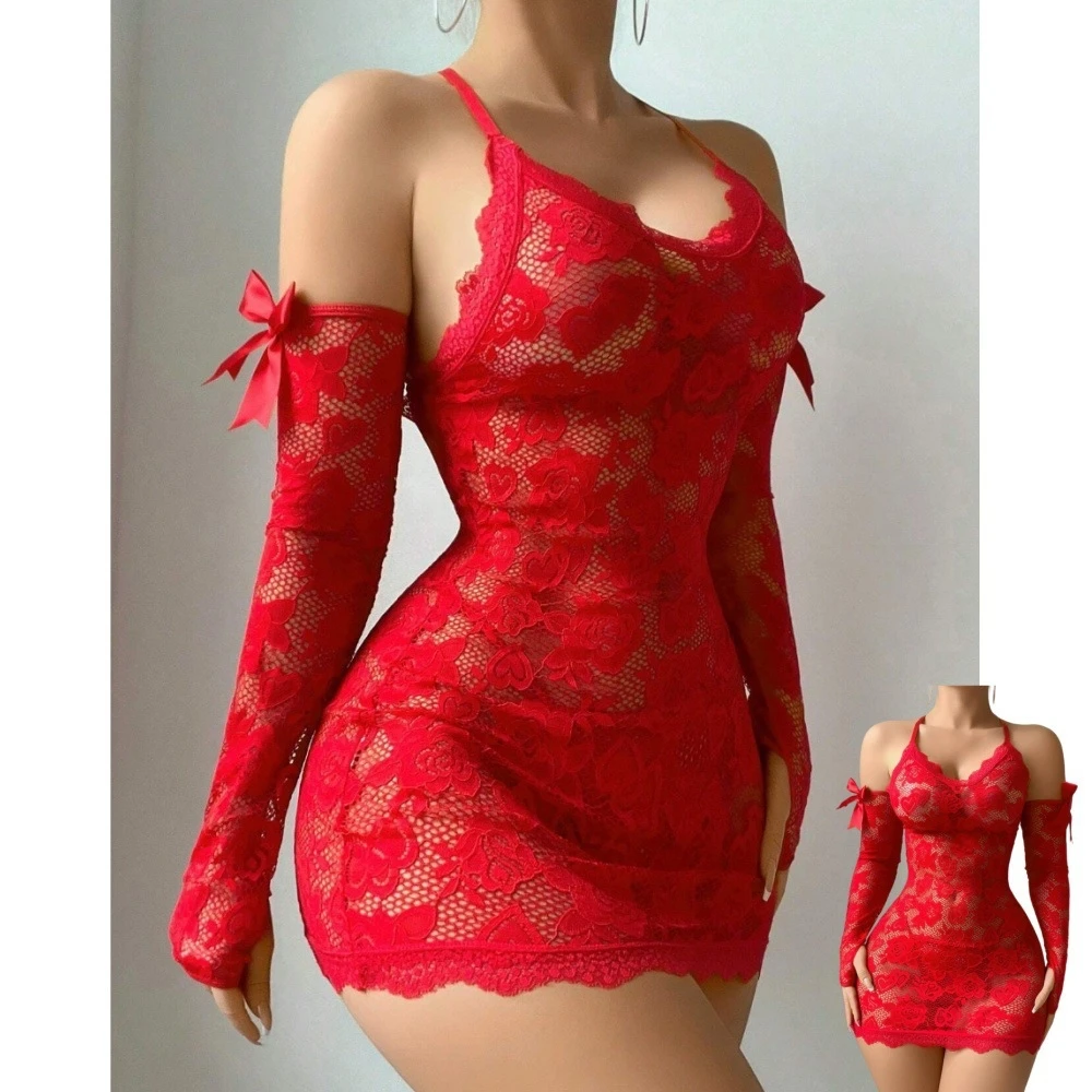 

Sexy lingerie, red battle dress, seductive uniform, sleep dress, lace set, uniform temptation, women's wear L742