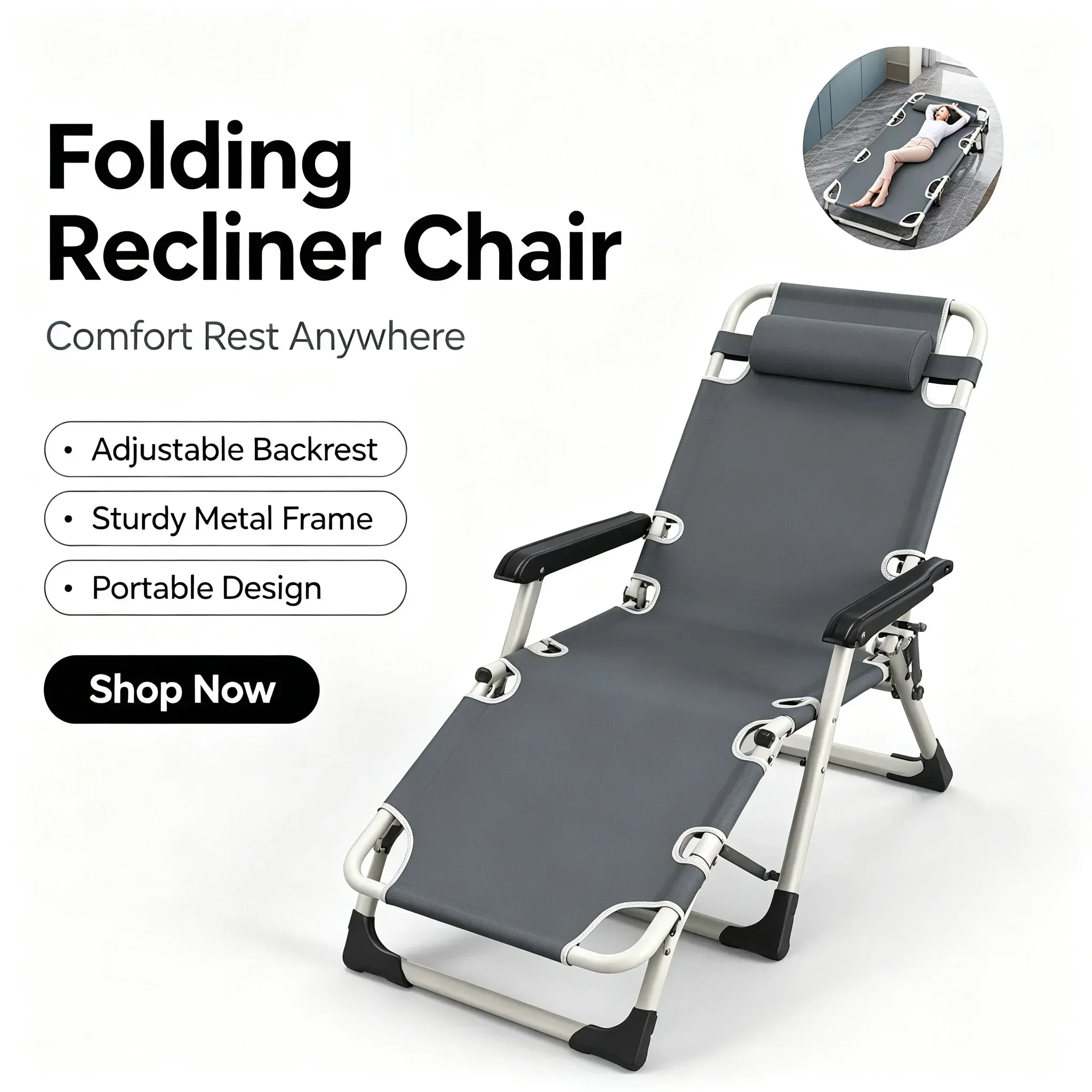 Office Lunch Nap Folding Lounge Chair Dual Use Reclining Fold Chair Adjustable Portable Outdoor Beach Camping Marching Bed view 3