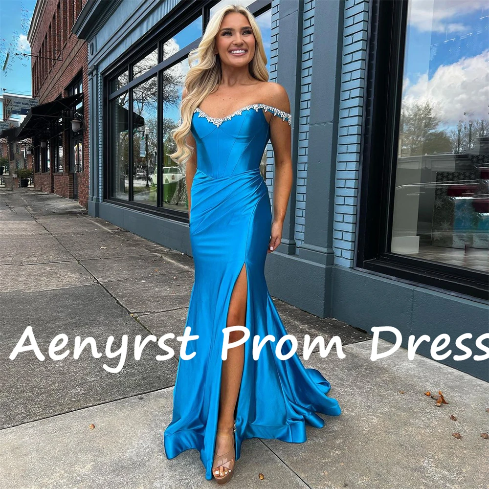 Aenyrst-Off Shoulder Mermaid Prom Dresses, fenda lateral de cetim, vestido de noite com decote em V, vestido até o chão, azul