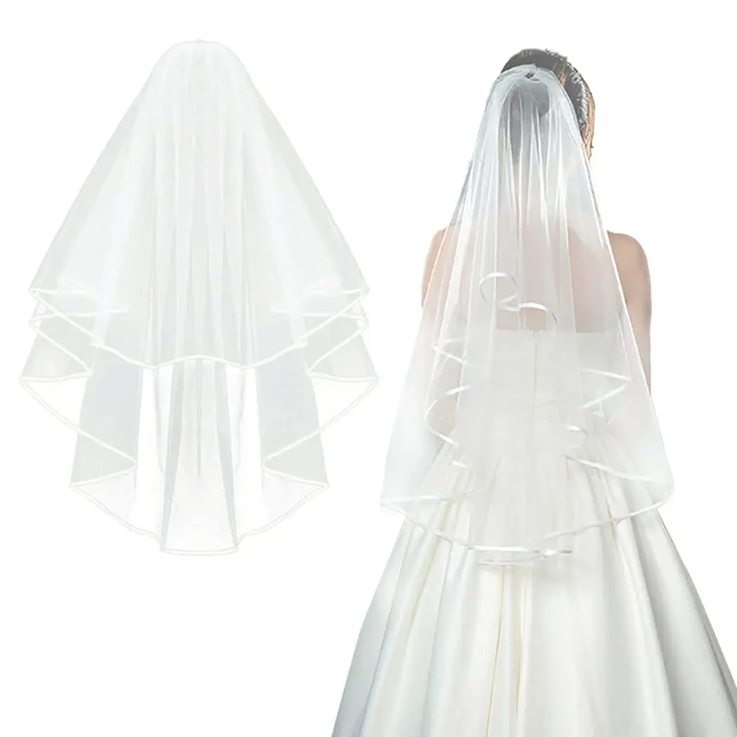 

White Ivory 2t Bride Bridal Wedding Veil with Comb, Elbow length, Satin Edge