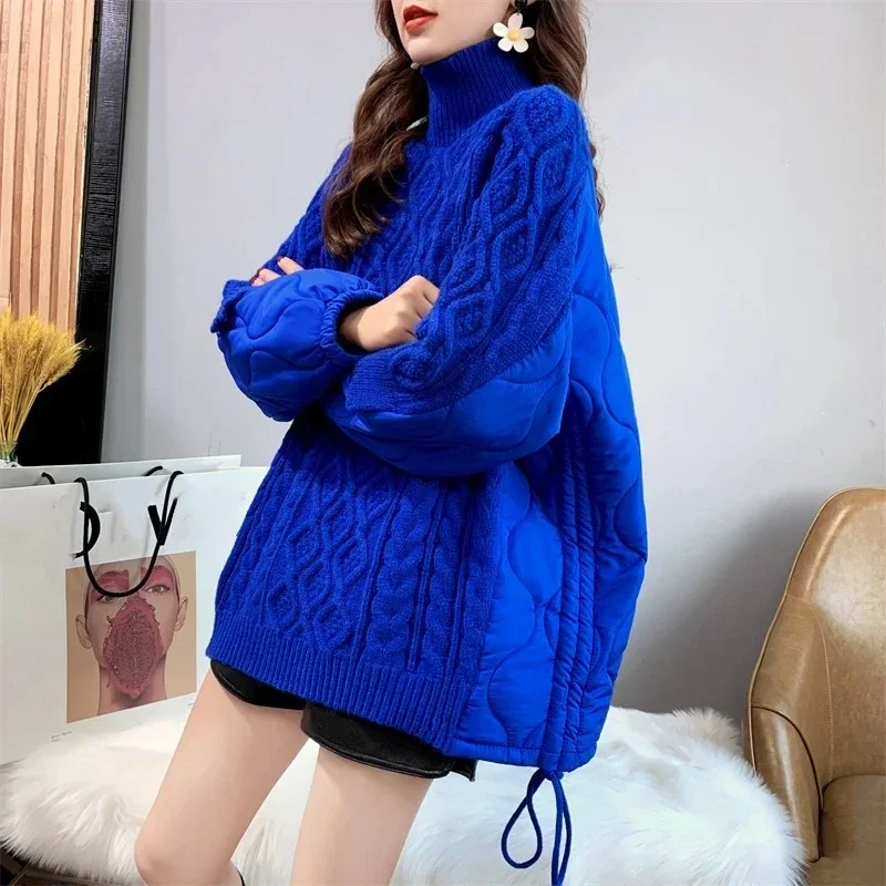 QNPQYX New Spliced Winter Pullovers Super Warm High-neck Mid-length Women\'s Sweater  New Loose Lazy Style Thick Top Coat