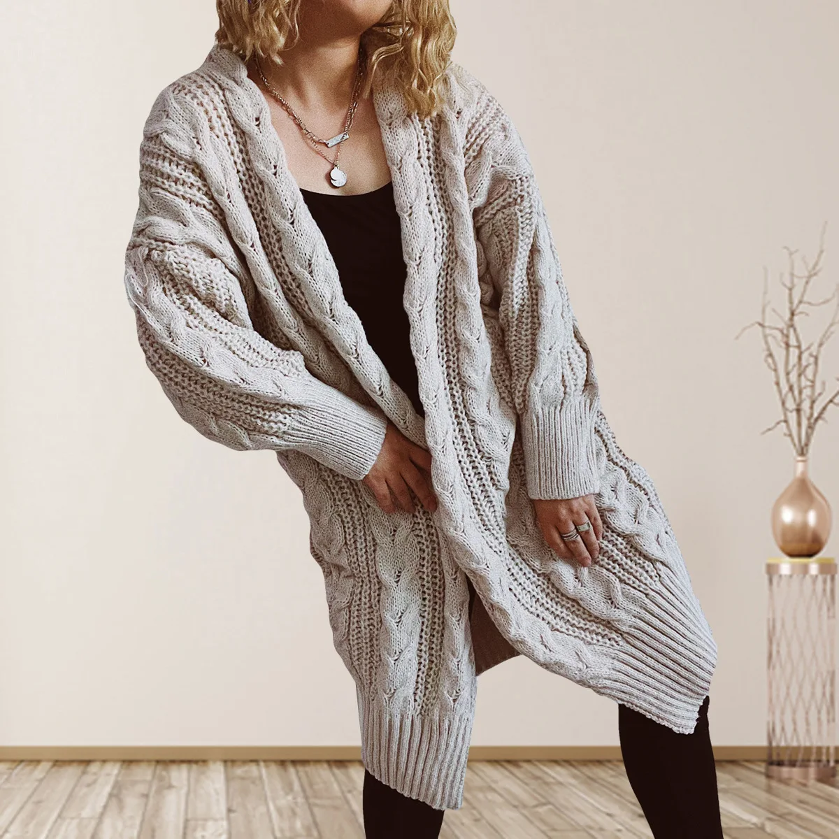 

Autumn And Winter 2023 Loose Thickened Knitting Cardigan Hemp Flower Shoulder Sleeve Long Sweater Coat Women