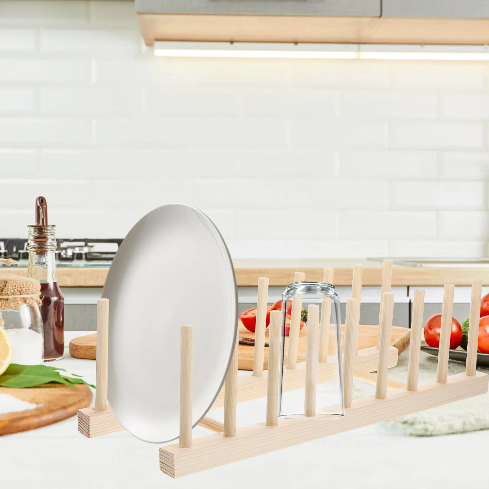 

1Pcs Wooden Bowl Draining Rack 8-Slots Kitchen Storage Shelf for Plates Pans Baking Dishes Vertical Drainage Easy Clean Home
