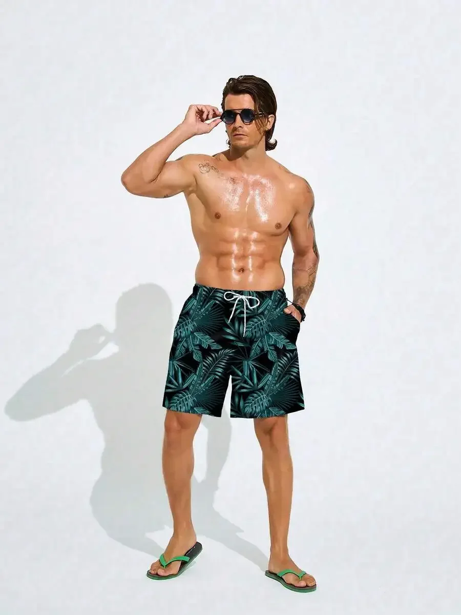 

Mens Tropical Leaf Print Drawstring Waist Beach Shorts Holiday Swim Trunks