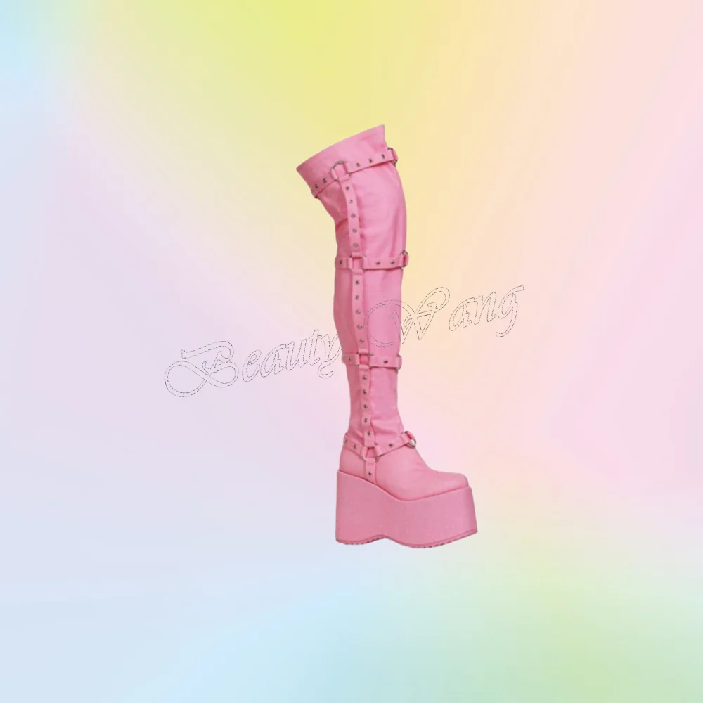 

Pink Side Belt Decor Boots Solid Mid Long Wedges High Heel Shoes for Women Cover Toe Wedding Shoes 2025 New Zapatillas Mujer