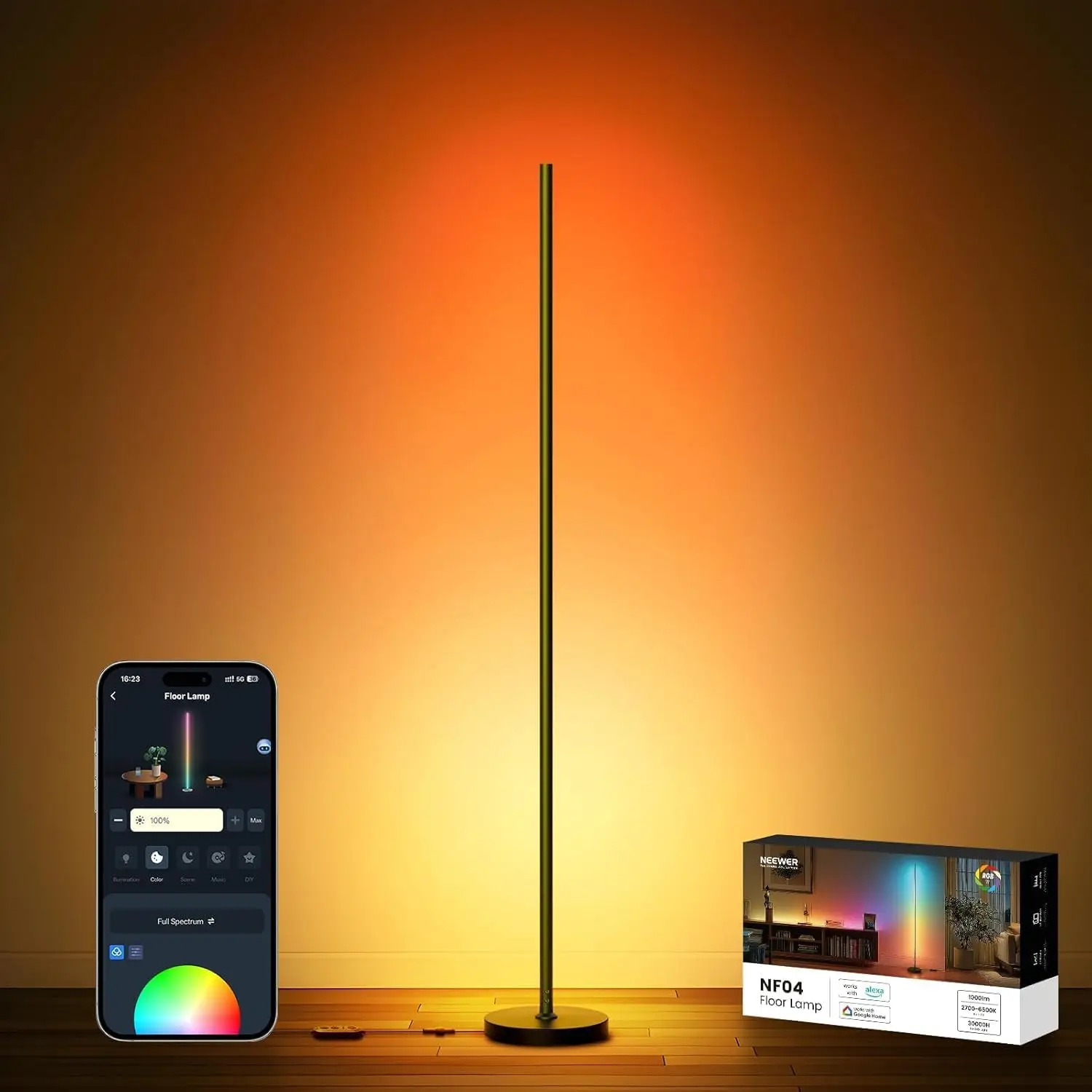 NEEWER NF04 RGB Smart Floor Lamp, 1000lm LED Corner Light APP AI Design Music Sync 16M Colors Alexa Google Living Room Bedroom