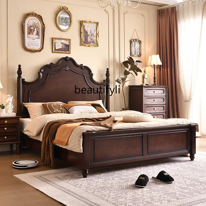American Retro Solid Wood Bed Vintage Style 1.8m Bedroom Double Bed French Princess Wedding Bed Air Pressure High Box Storage