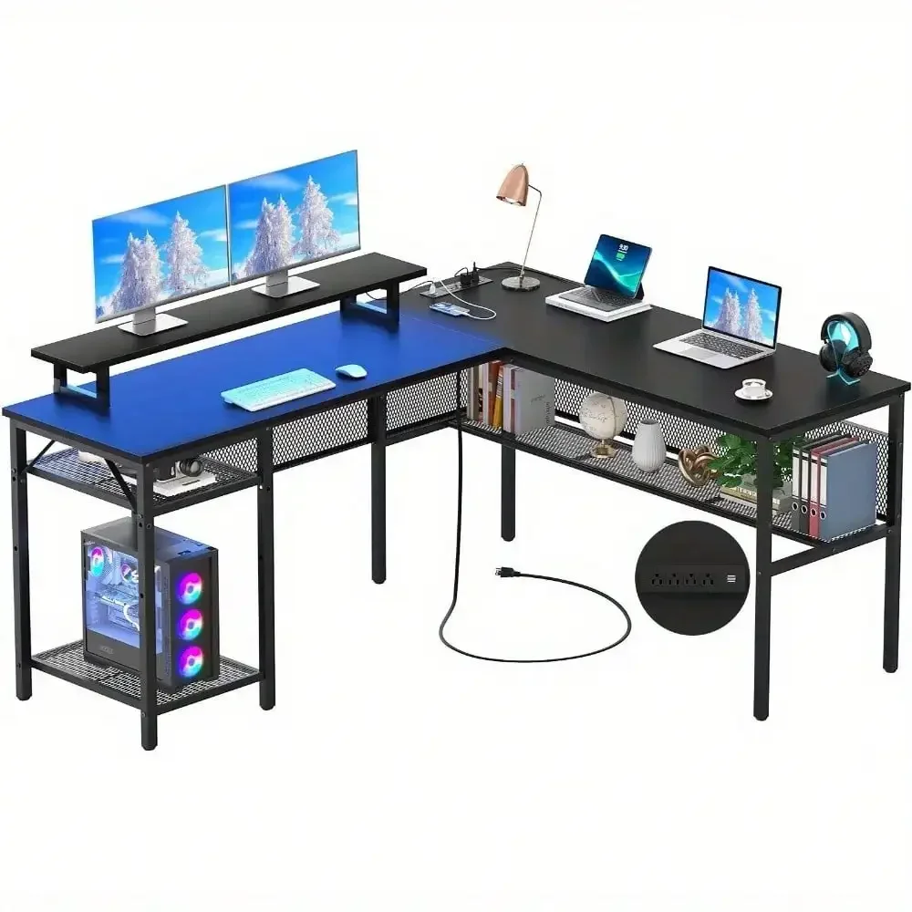 Computer Desk with Lighting in More Than 60, 000 Colors, Unique Grid Back Plate and Grid Bookshelves