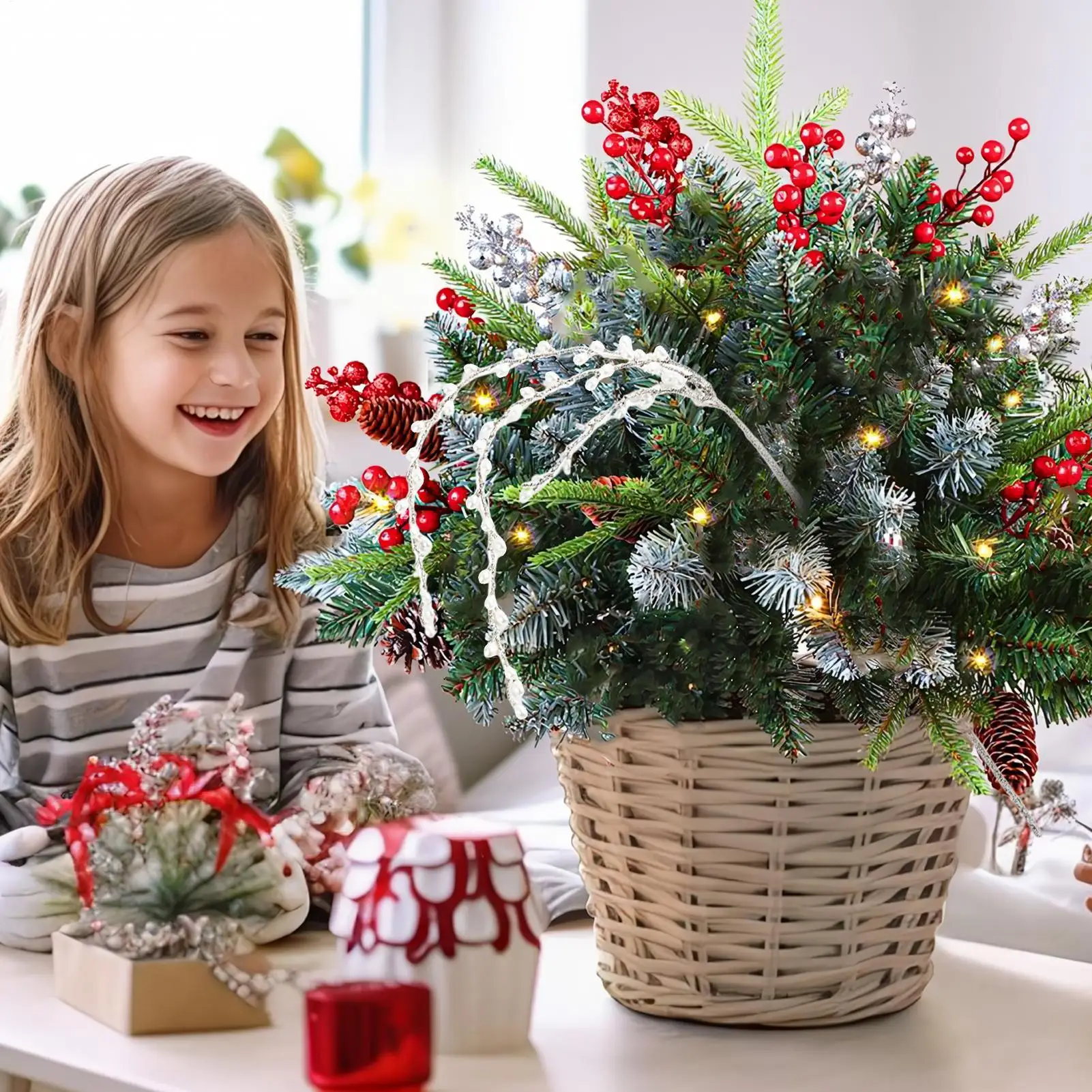 Christmas Picks Stem Branches Glitter Garland Christmas Tree Twigs For Indoor Holiday Winter Fall Mantle Outdoor Fireplace Table