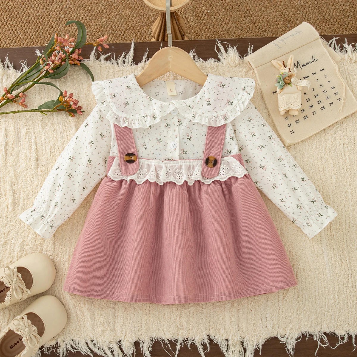 New Long Sleeve Dress for Baby Girl Spring Autumn Sweet Lace Decor Pink Floral Dress Girls Casual Outing Clothing
