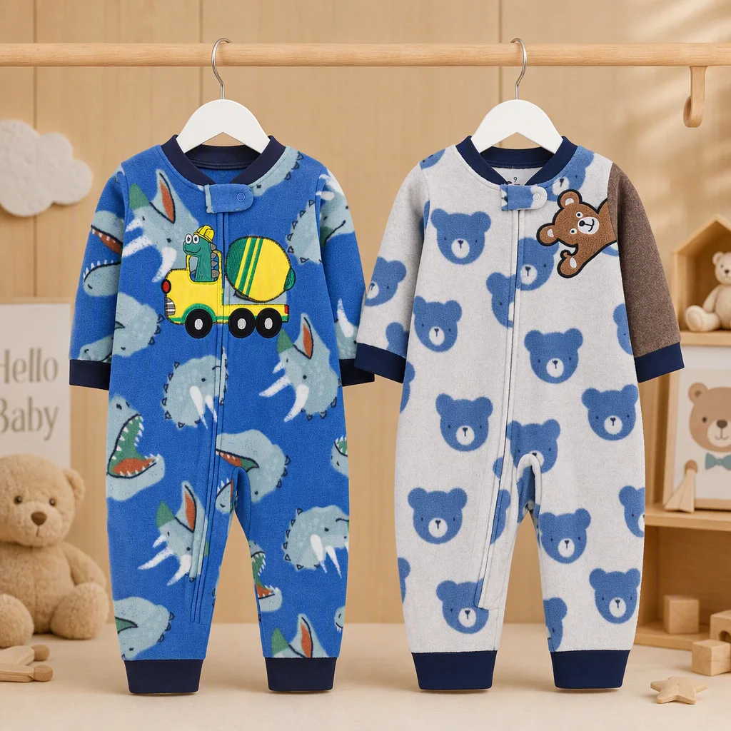 Infant Boys Polar Fleece Zip Romper Cartoon Dinosaur Bear Embroidery Print Warm Autumn Winter Soft Fleece Baby Onesie Jumpsuit
