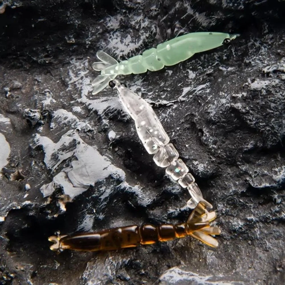 20 unids/caja 4cm de longitud cebos de natación de camarones luminosos 0,45g de peso cebos de pesca de carpa de silicona suave diseño luminoso efecto brillante