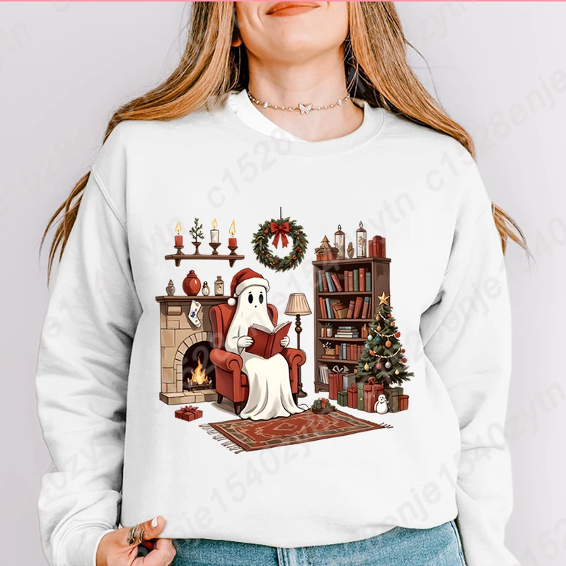 

Christmas Ghost & Books Print Round Neck Pullovers Casual Sport Outdoor Long Sleeves Women Hoodless Sweatshirts Women's Clothing