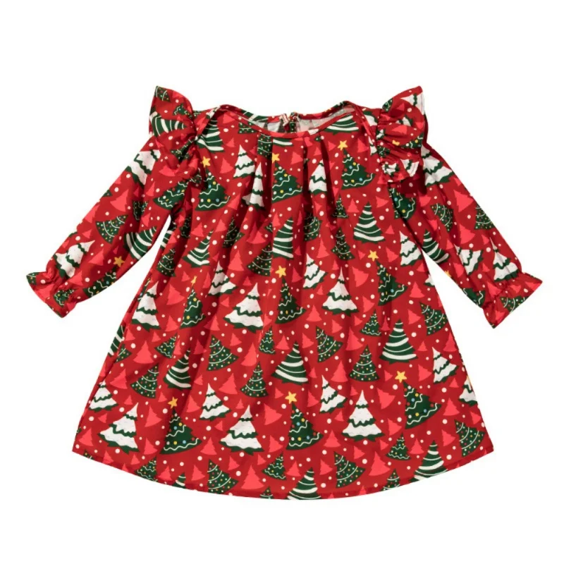 

Children's Girls Autumn/Winter Long Sleeve Dress Casual Girls Christmas Tree Print Crew-Neck Dress Christmas Party Dress