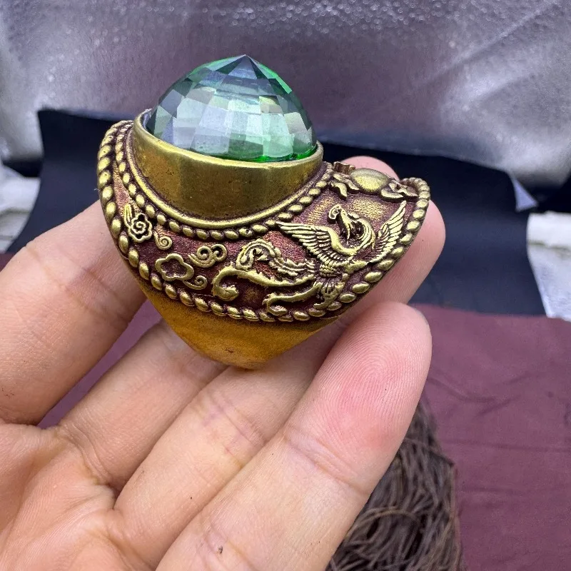 Vintage antiqued adjustable unisex ring, 20mm lab created green corundum inlay, Mohs hardness 9 retro collectible finger jewelry