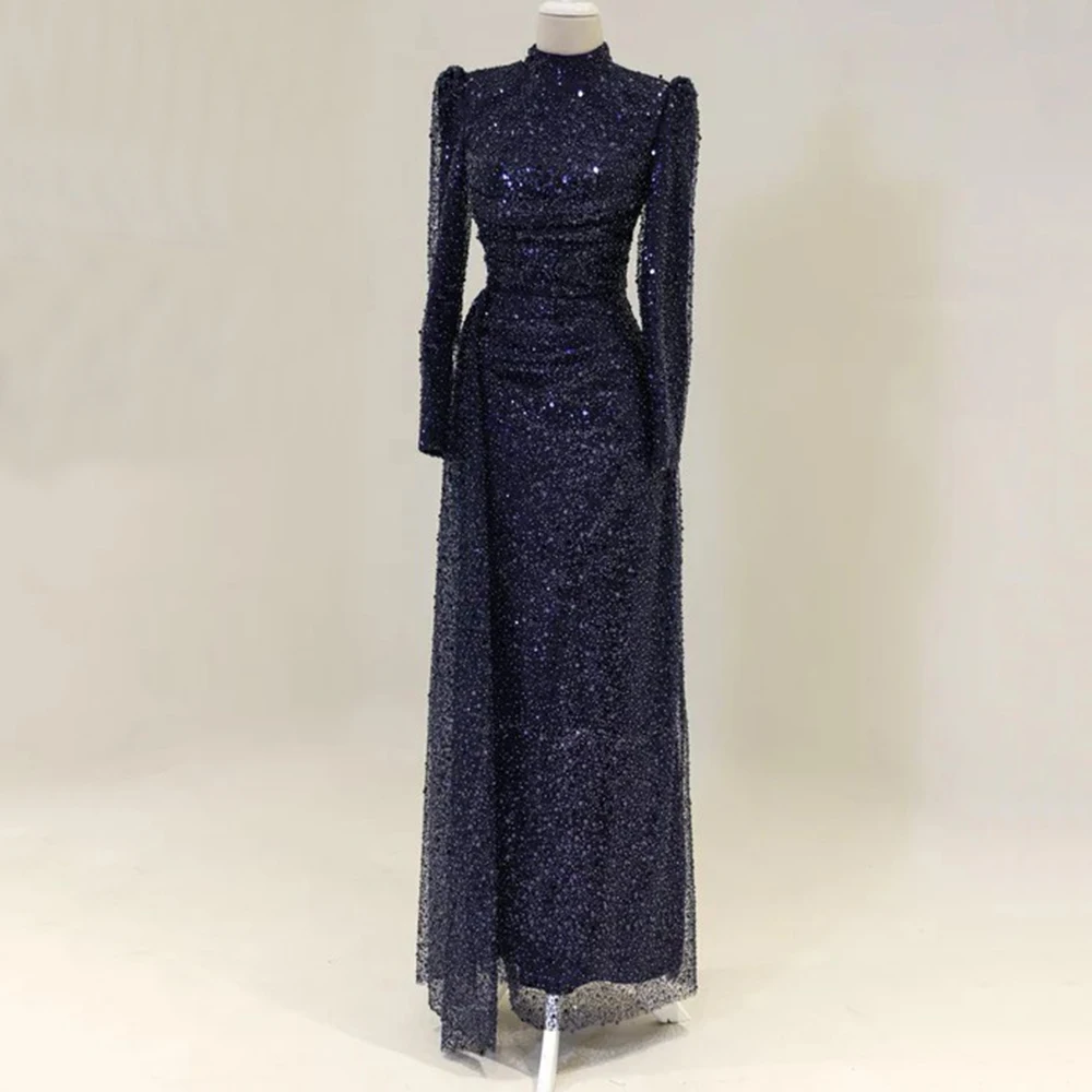 ประณีตเงาเลื่อมชุดราตรีคอยาวแขนยาวตรงความยาวจีบผู้หญิงที่กําหนดเอง Gowns งานแต่งงาน