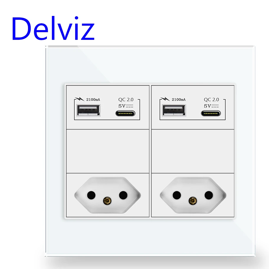 Delviz Brazil Standard Power Outlet,AC 110V~250V,120mm*120mm White/Black Tempered Glass Panel, Type C USB Wall 10A Double Socket