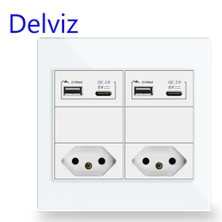 Delviz Brazil Standard Power Outlet,AC 110V~250V,120mm*120mm White/Black Tempered Glass Panel, Type C USB Wall 10A Double Socket