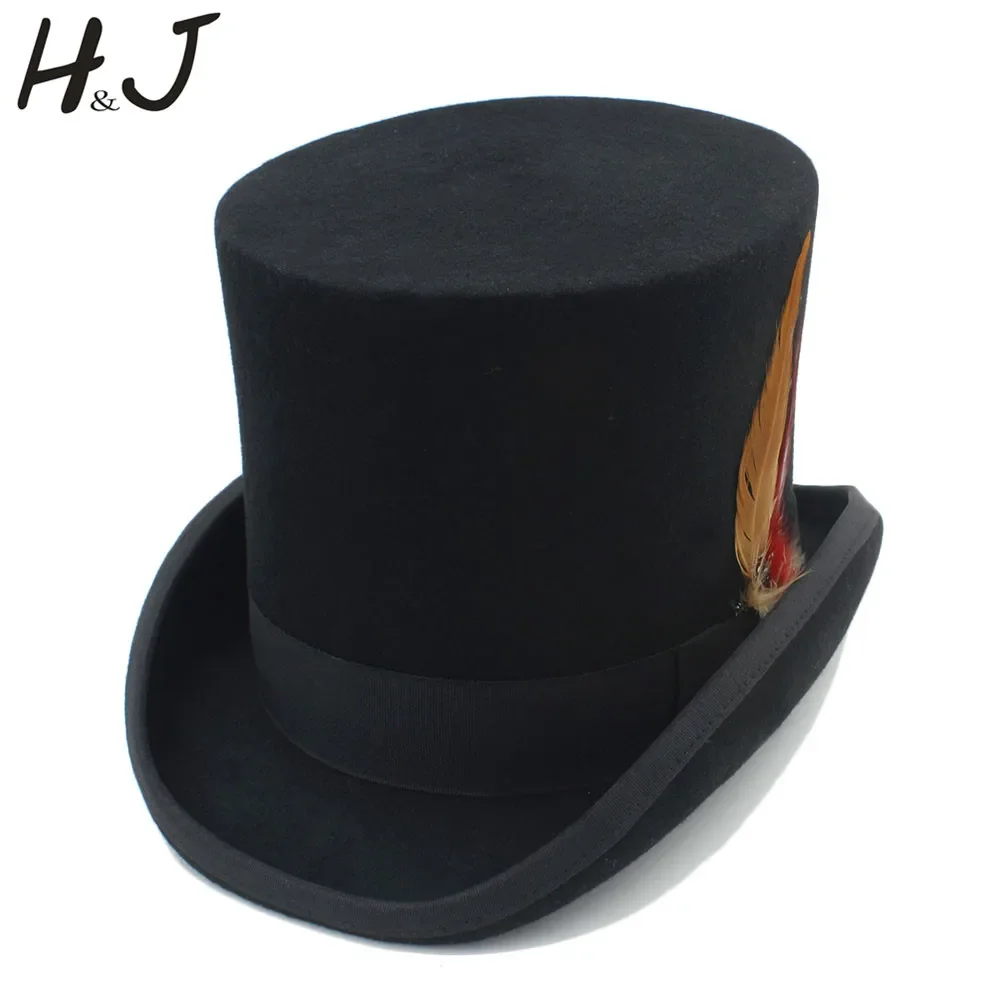 Top Hat 13.5cm 100% Wool Women Men Black Fedora Steampunk Hat With Feather Mad Hatter Magic Top Caps 3Size 57 59 61