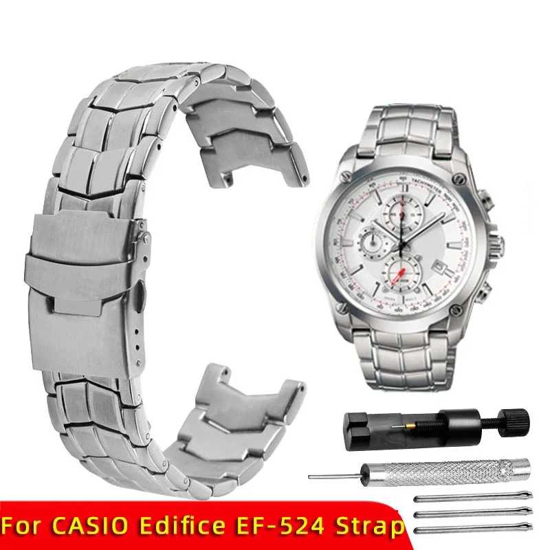 Solid Stainless Steel Genuine Watch band For CASIO Edifice EF-524 Watch Strap Bracelet Men Watchband Silver Safety Clasp EF524D