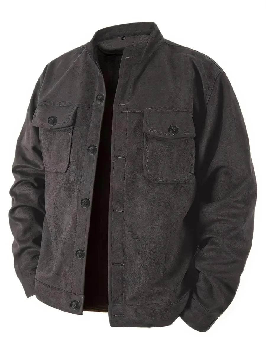 Men Retro Stand Collar Solid Color Faux Suede Jackets Button Front Chest Pockets Casual Workwear Motorcycle Streetwear Coat