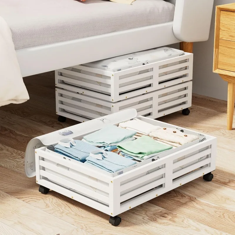 Recipientes de armazenamento sob a cama de bambu-organizador embaixo da cama com rodas com saco de pó de grande capacidade, rolamento de madeira resistente sob a cama