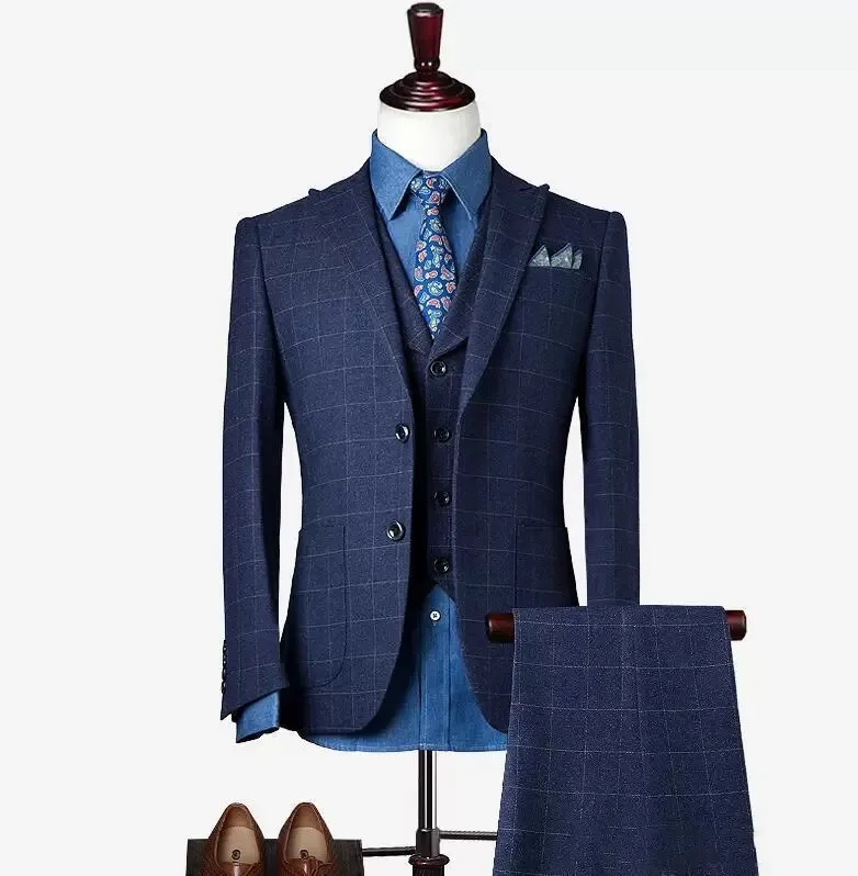 Navy Blue Plaid New Arrival Men Suit Tailor-Made 3 Pieces Blazer Vest Pants Single Breasted Wedding Groom Causal Prom Tailored