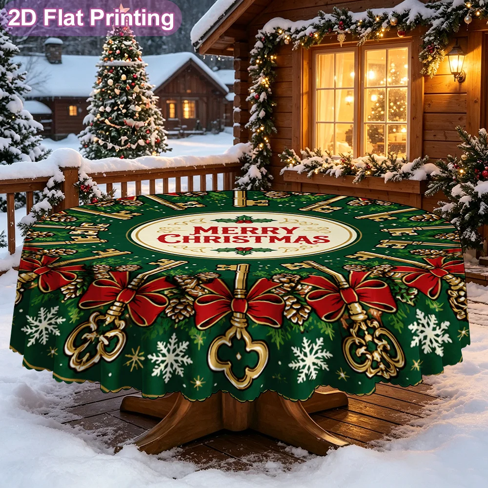 2D flat single piece, Merry Christmas key wreath floor mat, printed farmhouse style round tablecloth