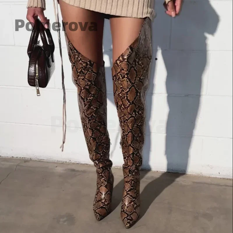 Snake-Pattern Over The Knee Boots for Women Side V-Cut Zipper High Heels Winter Women's Leather Long Boots Catwalk Street Shoes