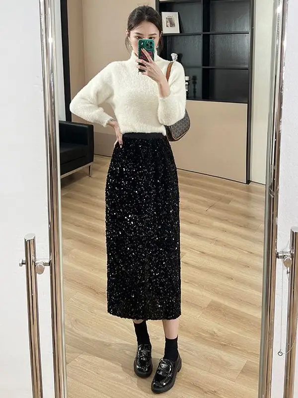

Shiny Sequin Mid-Length Wrap Body Skirt High Waist Elegant Straight French Style Polyester Blend Spring Autumn High Quality W...