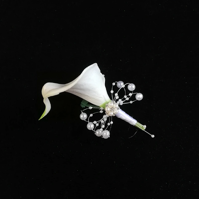 

White Calla Lily Corsage for Groom Crystal Pearls Boutonniere mariage homme Alfileres boda invitadas