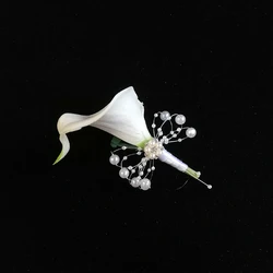White Calla Lily corpetto per lo sposo perle di cristallo Boutonniere mariage homme Alfileres boda invitadas