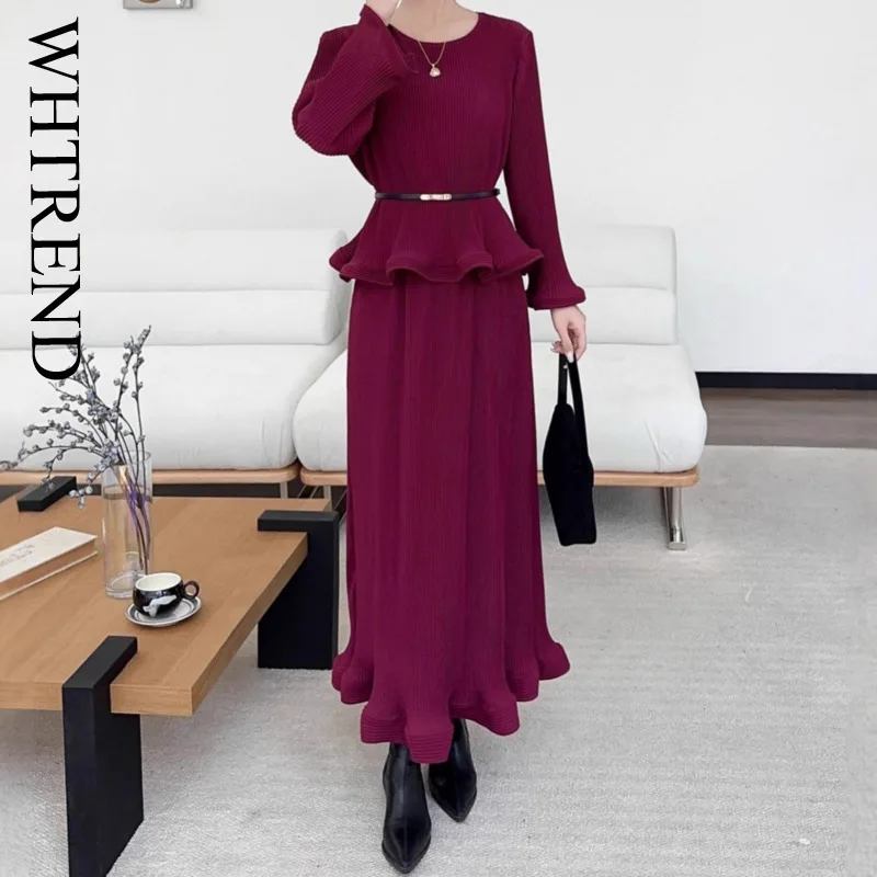 

WHTREND комплекты из двух предметов для женщин, плиссированная рубашка, топ с круглым вырезом и длинными рукавами + юбки с рюшами, женская элегантная одежда WH2060