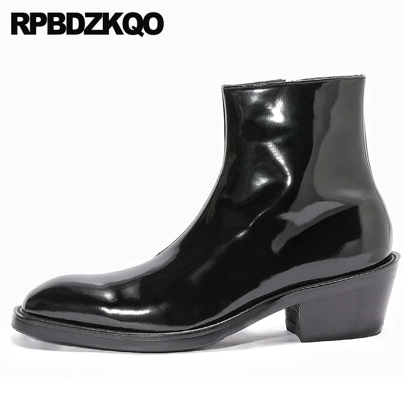 Fashion Patent Leather Zip Up Ankle Mens High Heel Boots Full Grain Formal Real Zipper Chunky Dress Fall Shoes Designer 2022 Top