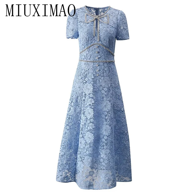 

MIUXIMAO 2024 Summer New Style Elegant Pretty Dress Women Solid O-Neck Short Sleeve Lace Diamonds Slim Long Dress Vestides Bow