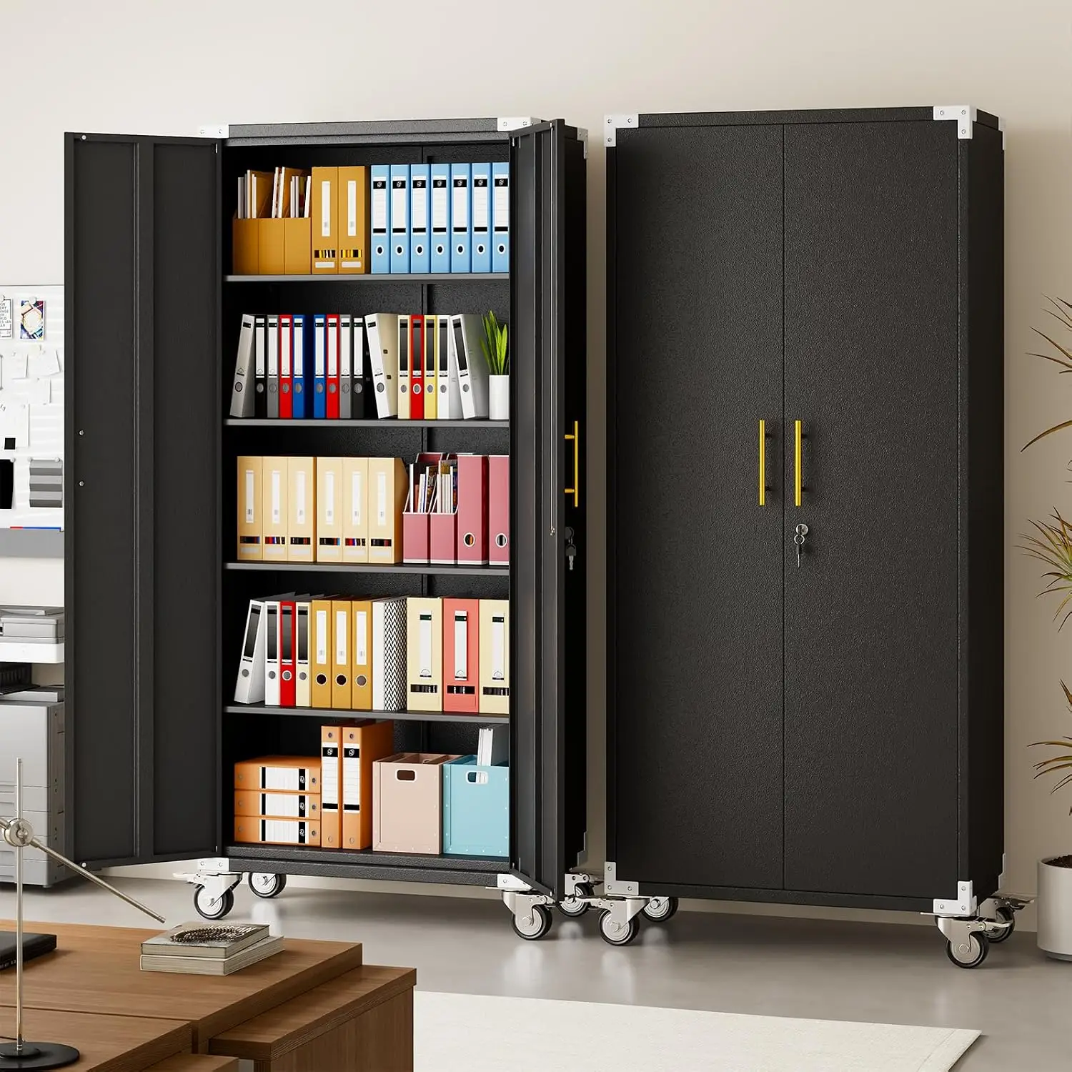 Heavy-Duty Cold-Rolled Steel Tall Lockable Rolling Garage Storage Cabinet with 4 Adjustable Shelves and 360° Lockable Wheels